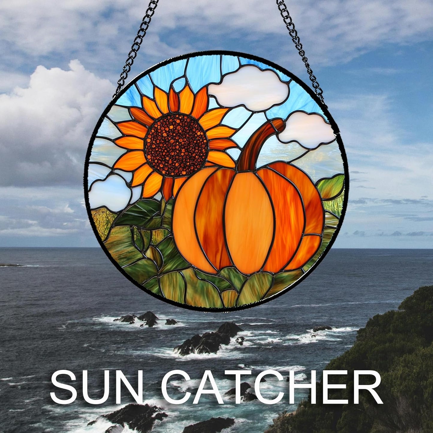 Stained Glass Window Hanging Fall Farm Scenery Sunflower Pumpkin Large 15" - Suncatcher Door Garden Kitchen Sunroom Sun Catcher Home Decor Birthday for Mom Grandma Men Woman