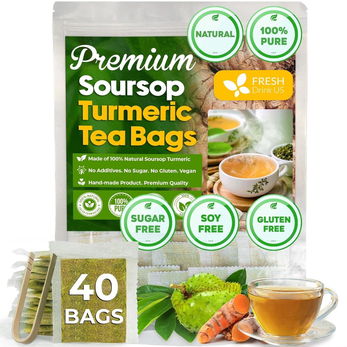 FreshDrinkUS, Premium 40 Soursop Turmeric Tea Bags, 100% Natural, Blend of Soursop Leaves, and Turmeric Root. Made with Natural Material Tea Bags. No Sugar, Vegan.