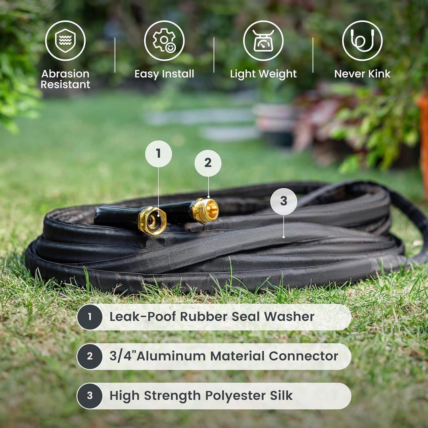 Giraffe Tools Garden Hose 50FT Lightweight Lay Flat Water Hose Kink Free Flexible Hose with 9 Spray Function Nozzle（Black）