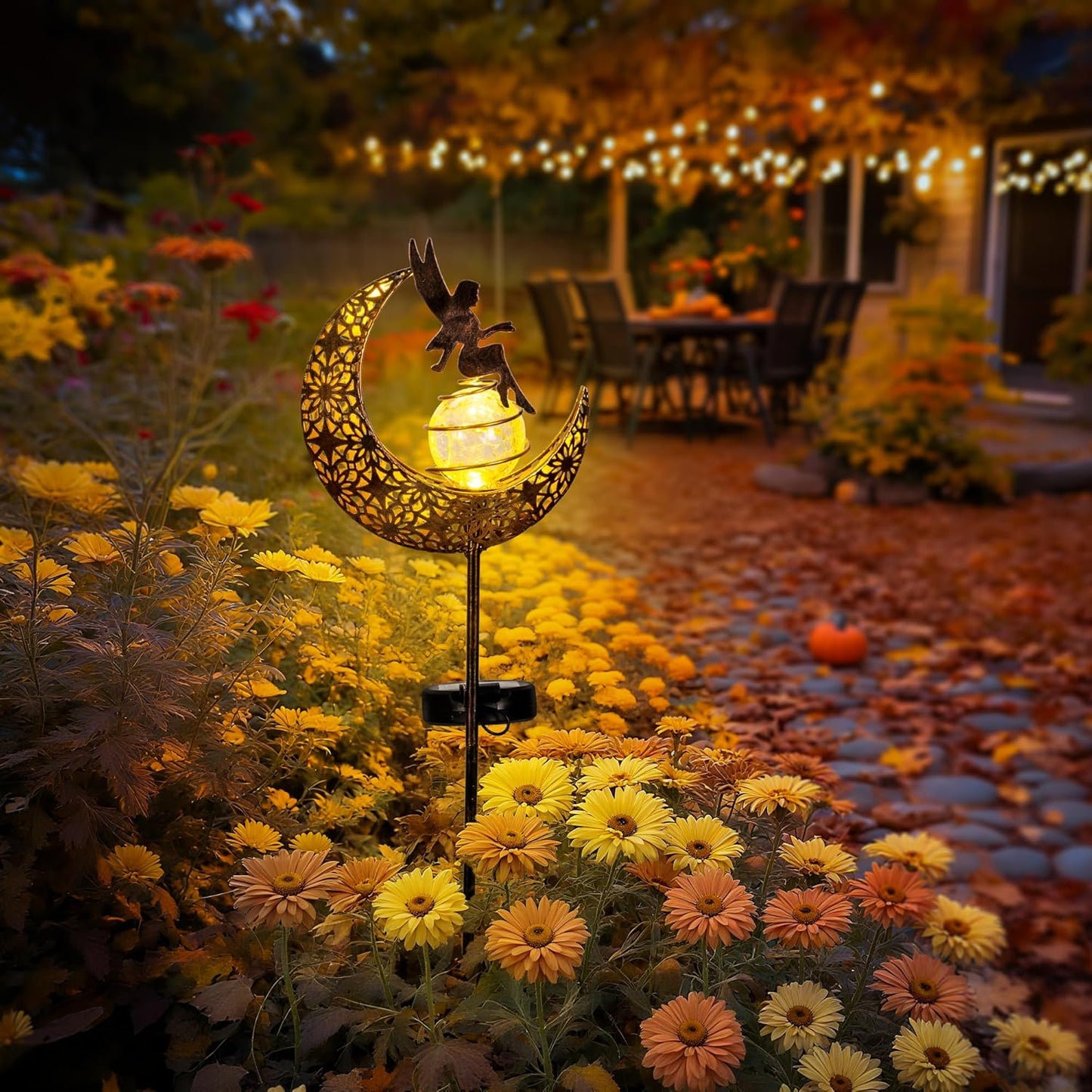 Fairy Garden Solar Lights Outdoor Moon Stakes, Waterproof Outdoor Metal Decor Gifts for Women Mom, Art Moon Sculpture for Yard, Patio, Garden, Porch, 1 Pack