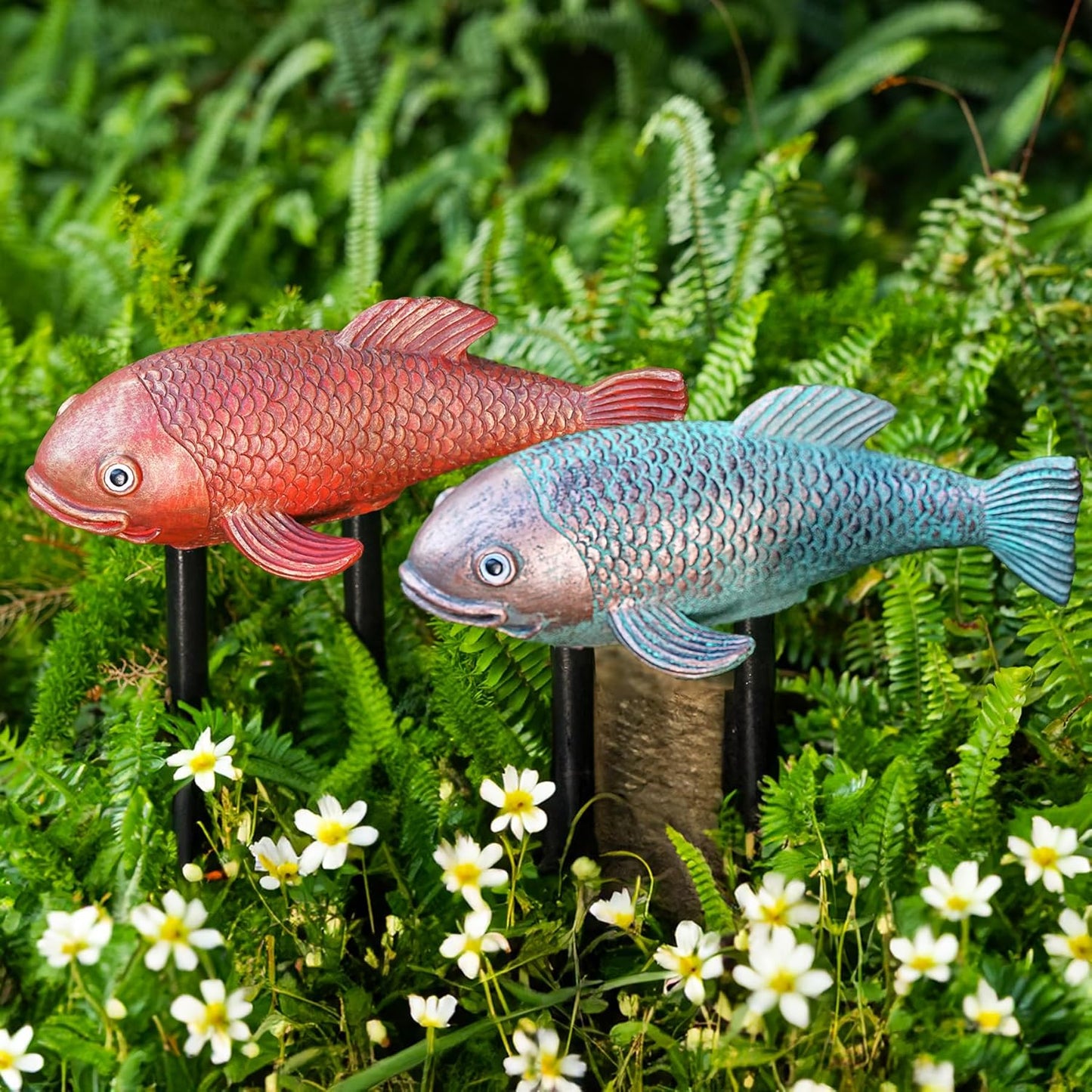 10.8" Resin Koi Pond Kit, 2Pcs Antique Koi Fish Garden Statues, Yard Pond Decor, Large Outdoor Statues Ornaments, Real Fish Sculpture Art, Garden for Outdoors