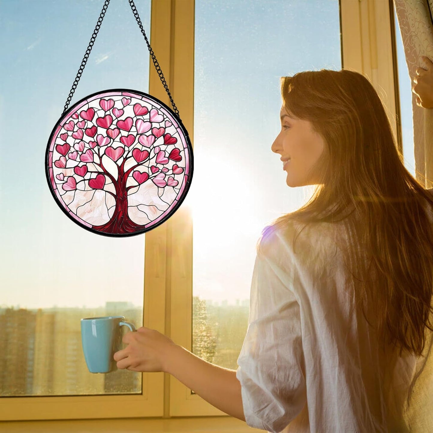 Stained Glass Window Hanging, Valentine's Day Gifts Pink Love Heart Tree Suncatcher Hangings Beige Sun Catchers Decor for Birthday for Women, Men, Wife, Aunt, Mom14.9 in