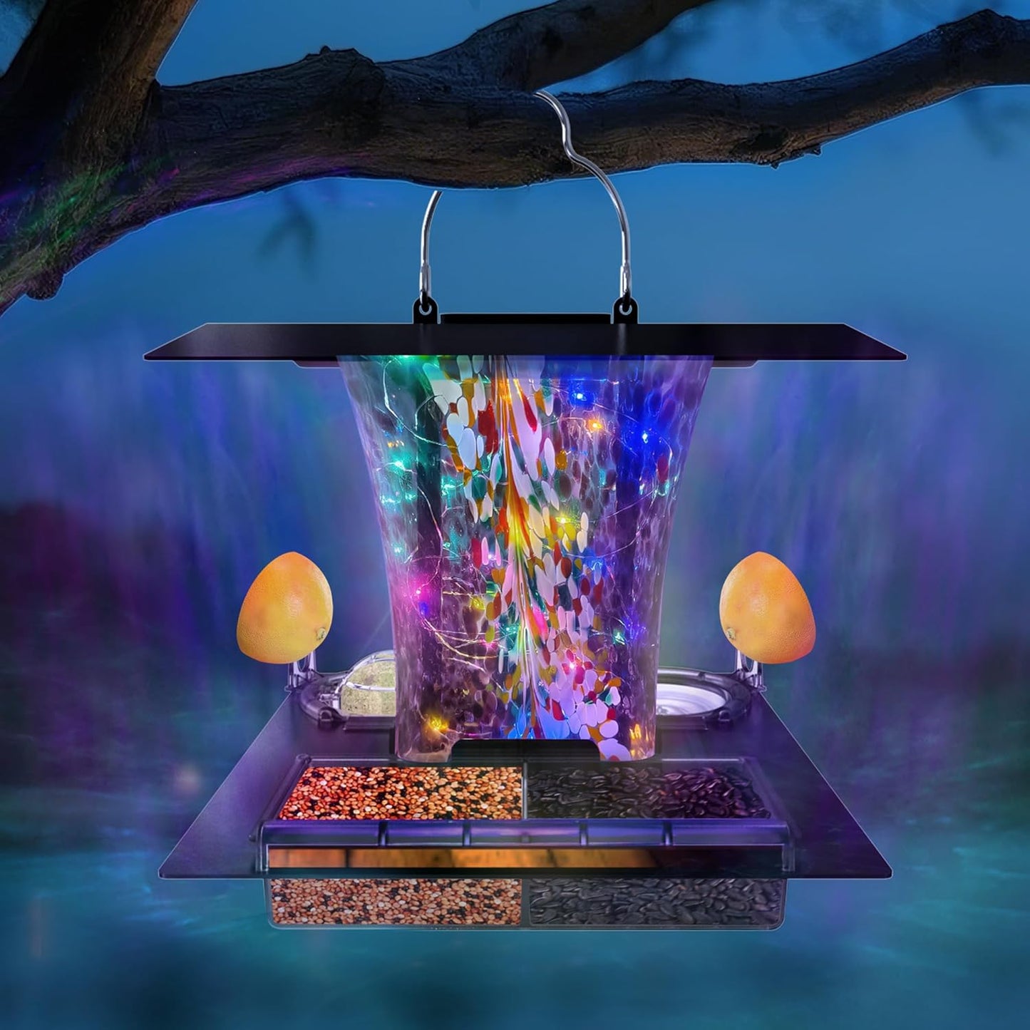 LUJII 6-in-1 Solar Bird Feeder with RGB String Lights, Hand Blown Glass, 2 Removable Trays for Bird Seed, Suet Ball, Mealworm, Oriole Orange Fruit, Jelly or Water, Purple