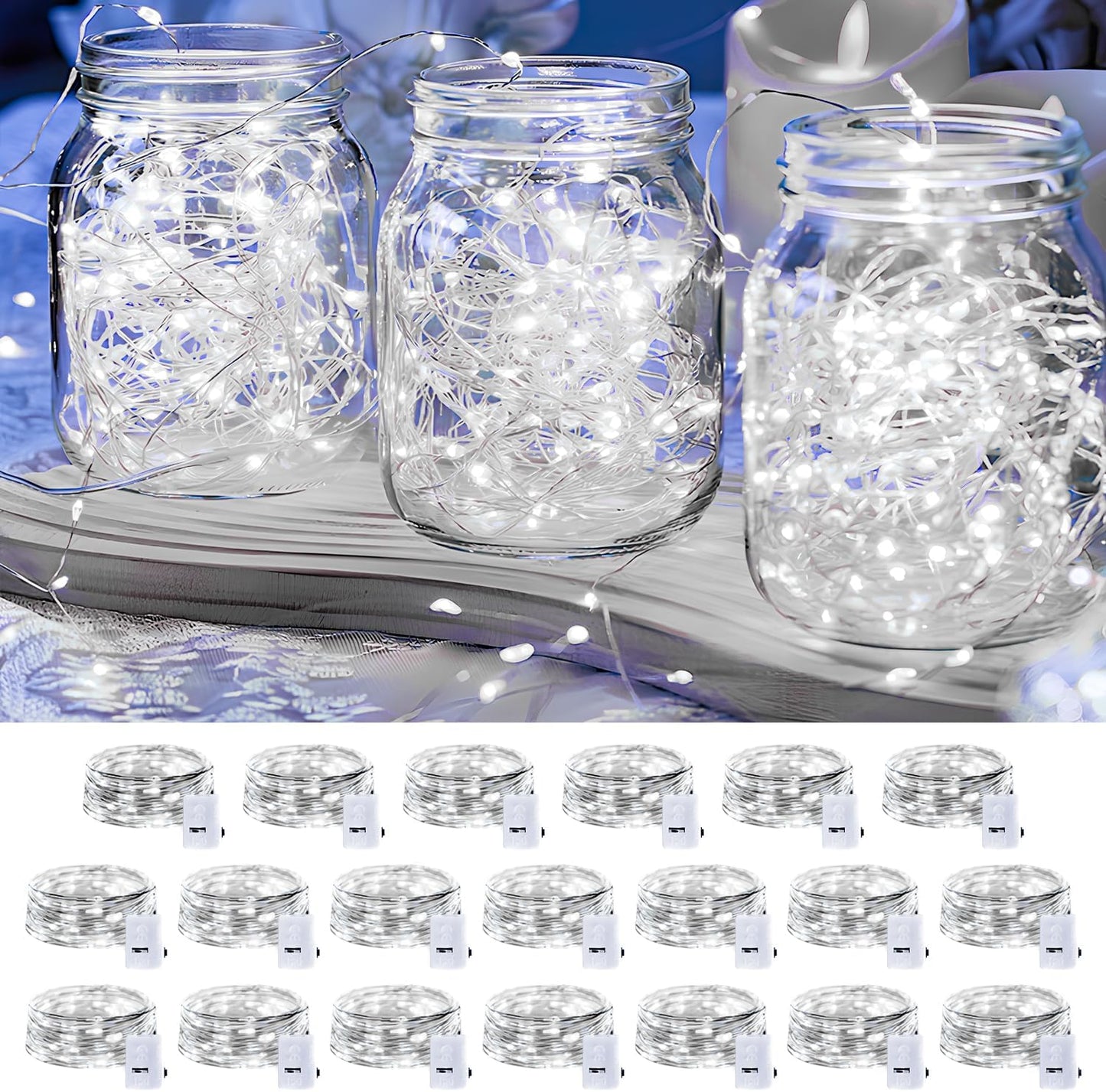 20 Pack LED Fairy Lights Battery Operated,7FT 20 LED Waterproof Mini Twinkle String Lights Battery Powered for Christmas Mason Jars Party Cool White