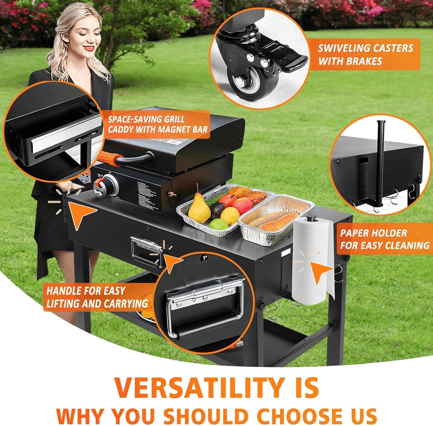 Foldable Grill Table Cart for Ninja Woodfire OG700, Blackstone Portable Griddle, Weber, Ooni Pizza Oven – Portable Outdoor BBQ Prep Stand with Caddy, Ideal for Camping and Tailgating