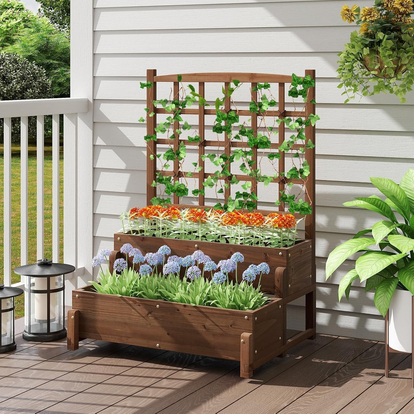HAPPYGRILL Raised Garden Bed with Trellis, Drainage Holes, 2-Tier Wooden Elevated Planter Box w/Legs for Climbing Plants Vine Flower Herb Vegetable Fruit, Outdoor Garden Box for Patio Balcony (2)