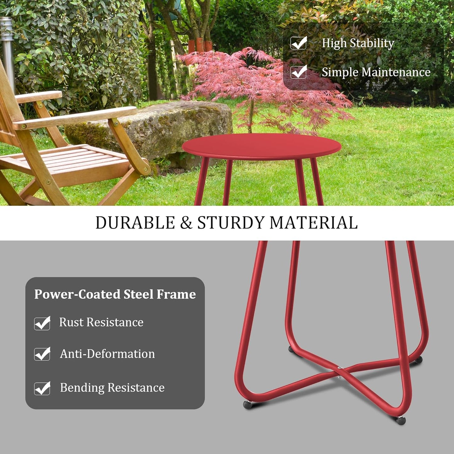 Patio Side Table Waterproof Round Metal Steel Weather Resistant Portable Outdoor and Indoor End Table for Garden Balcony Yard, Dark Red
