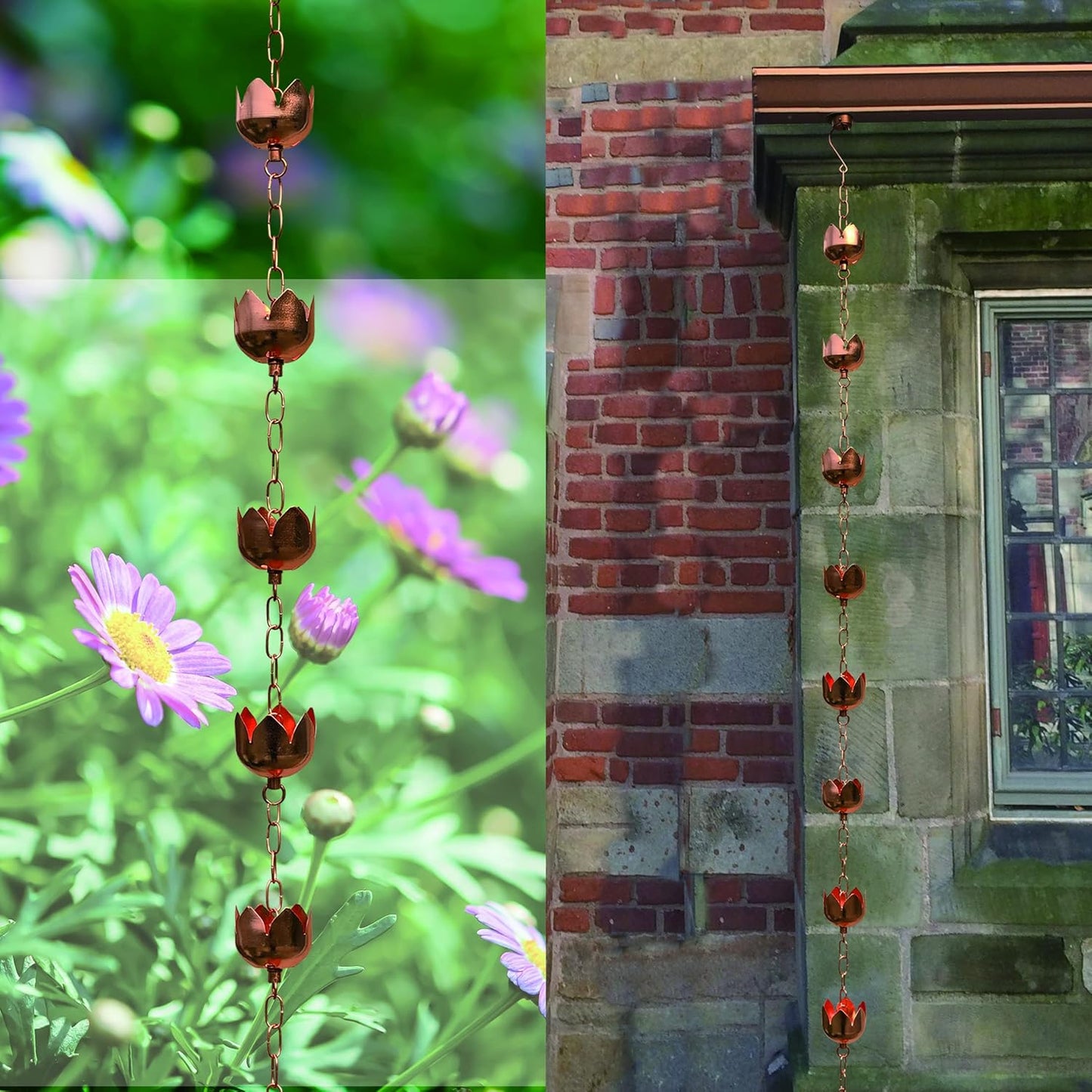Rain Chains - Pure Copper Lotus Cup Rain Chains for Downspouts. 8.5 Feet Length. Free Gutter Adapter. Windchime and Fountains on Rainy Days.