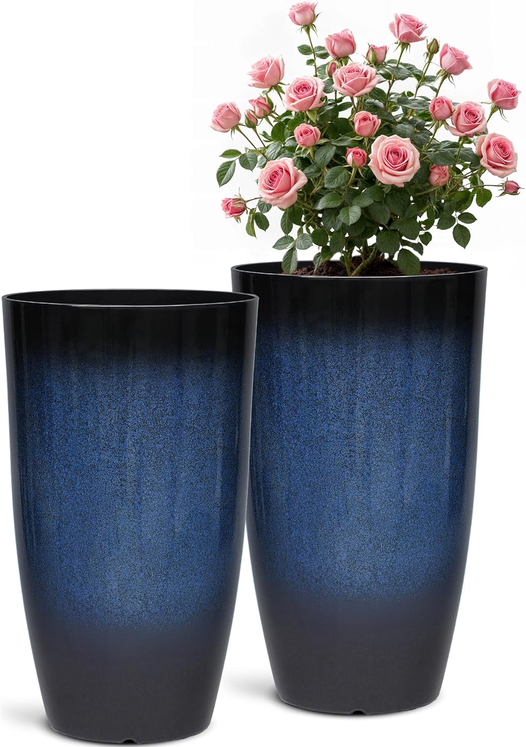 23.75" H Large Tall Outdoor Planters, Set of 2 Plastic Large Flower Pots for Outdoor Plants, with Gradient Cobalt Bule Finish, Weather-Resistant for Porch, Garden, Patio or Indoor Use