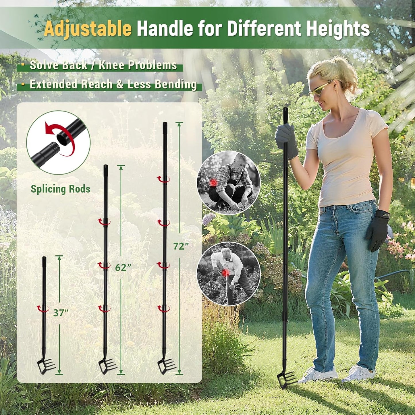 Stirrup Hoe, Heavy Duty Hula Hoe with 32-72" Adjustable Long Handle, 2 in 1 Action Hoe with Cultivator Rake, Scuffle Hoe, Hula Hoe Garden Tool for Weeding Grass, Loosening Soil, Sharp Blade, Black