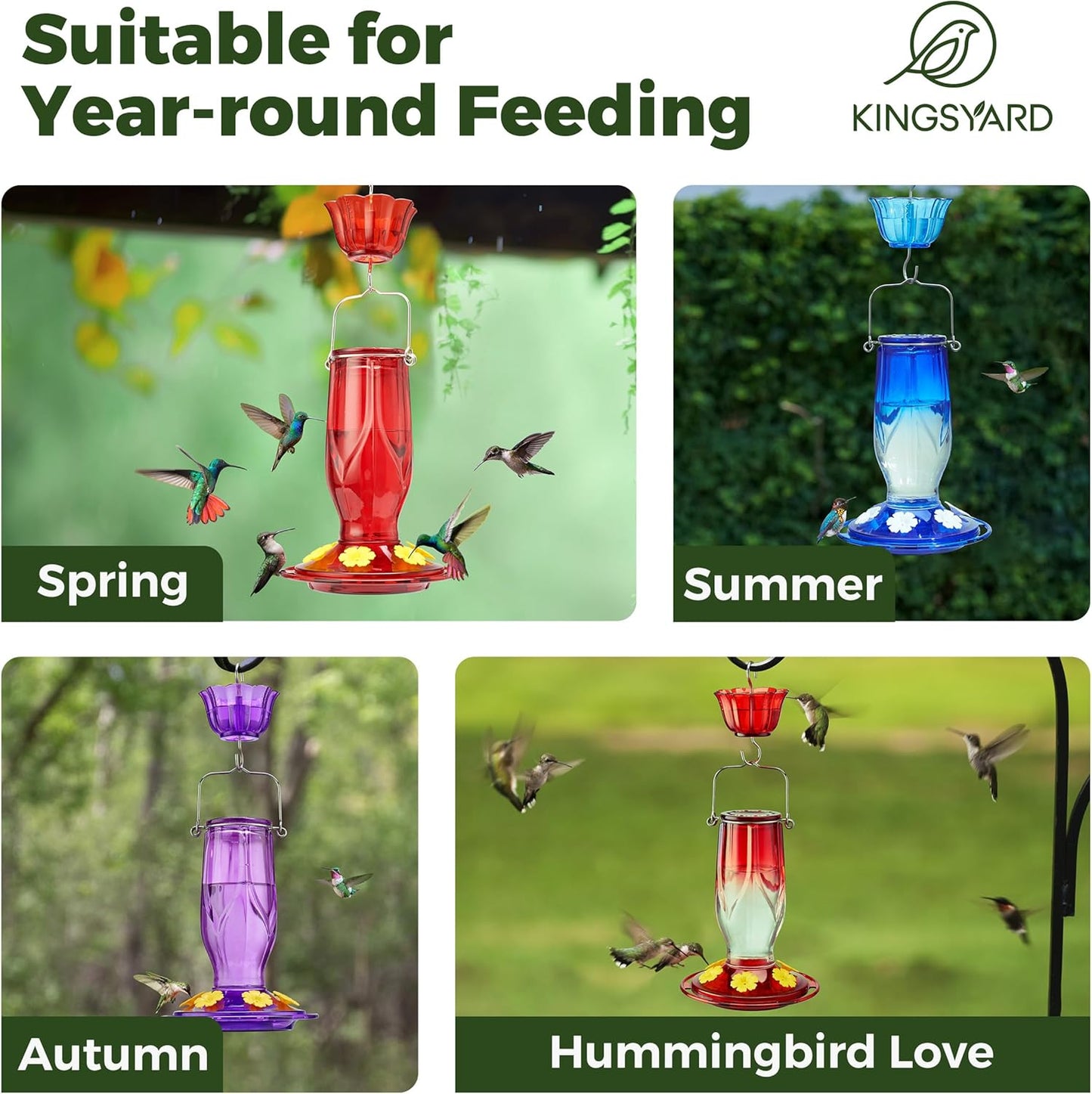 Kingsyard Glass Hummingbird Feeders for Outdoors Hanging, 6 Feeding Ports 16 Ounces Leakproof Bird Nectar Feeder for Garden Porch Fall Decorations, Easy to Refill & Clean, Ant Moat Included, Red