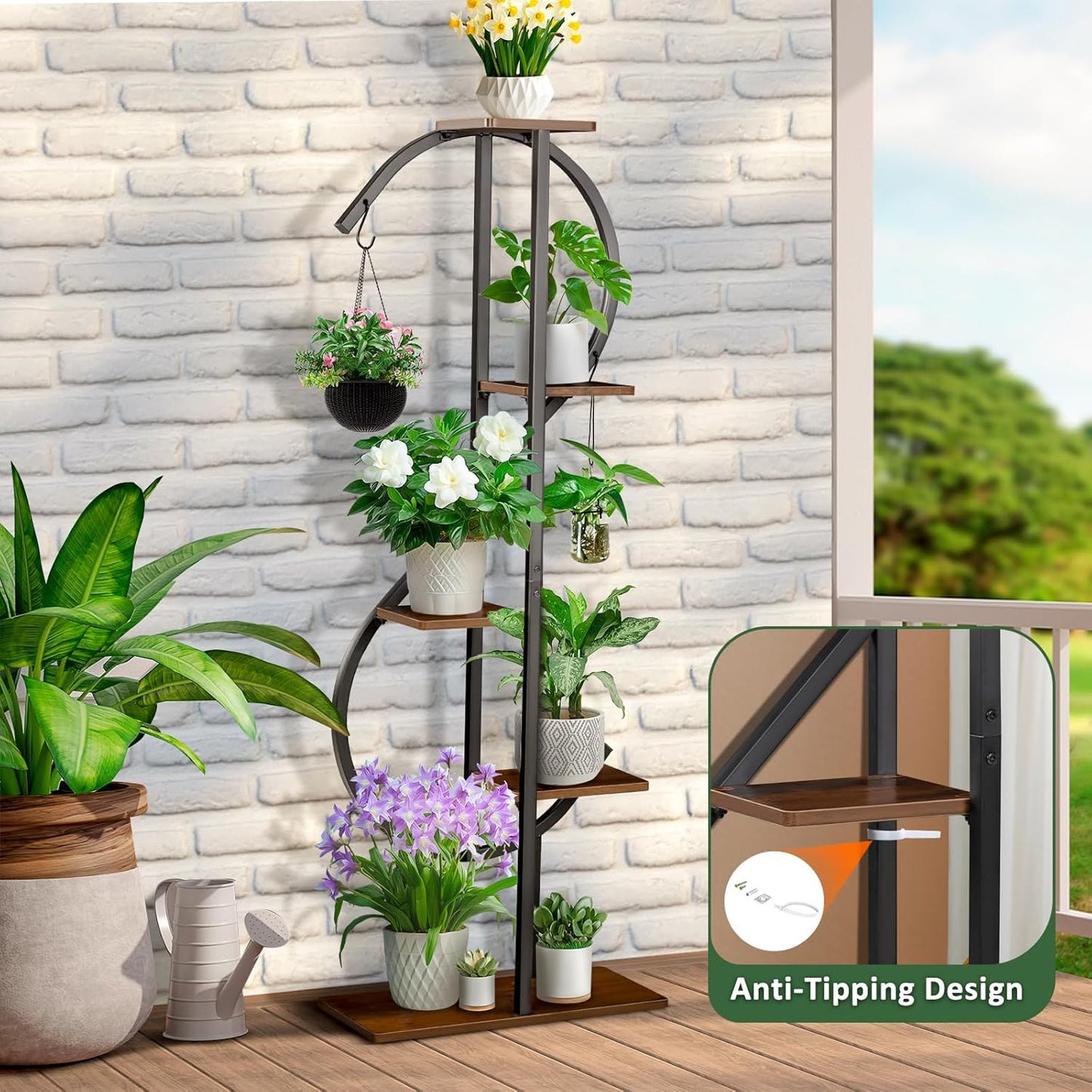 5-Tier Indoor Plant Stand, S-Shaped Corner Plant Stand with hanging Hooks & Gardening Tools, Aesthetic Tall Plants Shelf for Multiple Plants Flower Pot, Outdoor Plant Holder in Patio Balcony