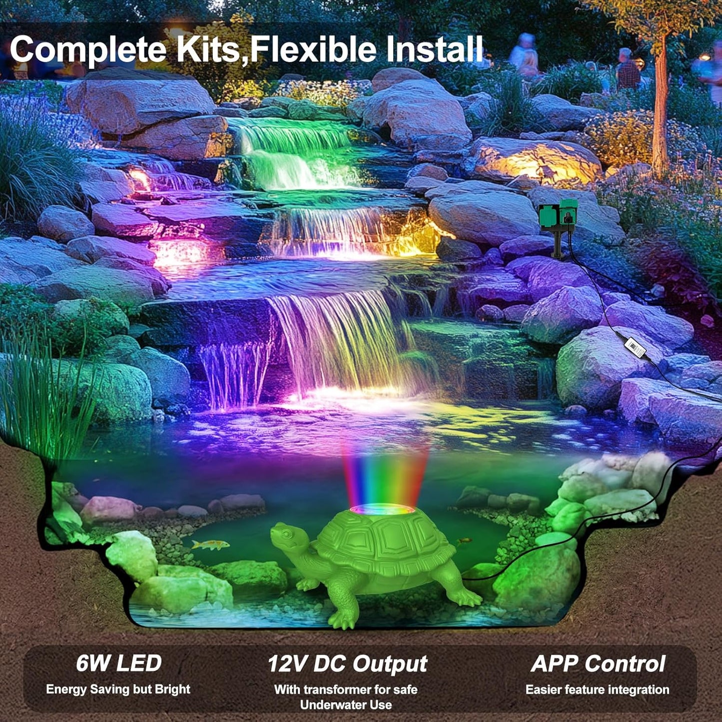 Pond Light LED Underwater with 12V Transformer, 6W Turtle Pond Lights with APP, IP68 Waterproof Fountain Lights with 32FT Cables for Ponds Fountain Waterfall Yard Water Feature, 1 SpotLights