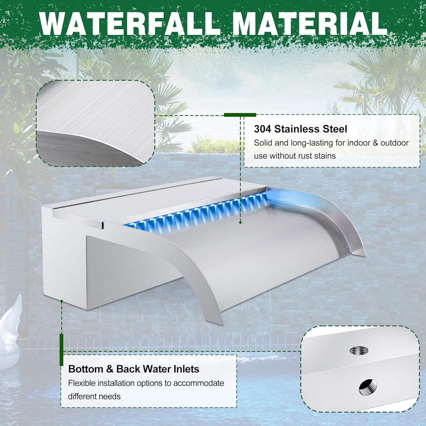 Waterfall Pool Fountain, LONGRUN Stainless Steel Waterfall Spillway for Pools and Ponds - 23.6" Wide Decorative Water Feature for Swimming Pools, Koi Ponds, and Garden