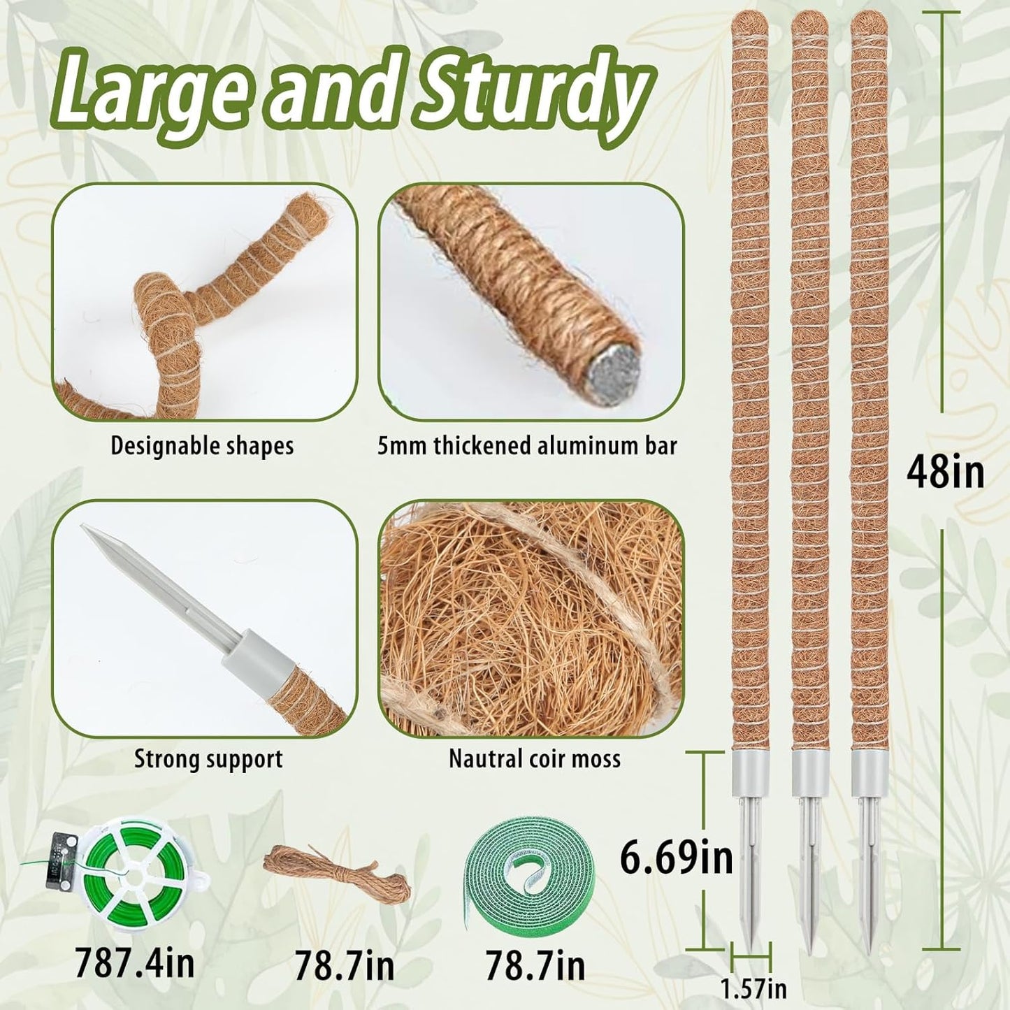 3 Pack Moss Pole, 48 Inch Monstera Plant Support, Moss Poles for Climbing Indoor Plants, Bendable Coco Coir Plant Support Stakes for Potted Plants, Pothos, Philodendron