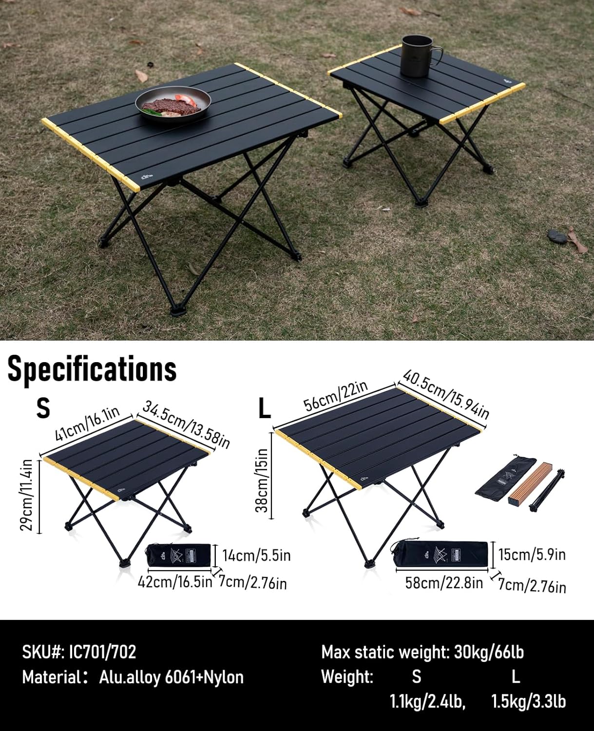 iClimb Ultralight Compact Camping Folding Table with Carry Bag (Black - S)