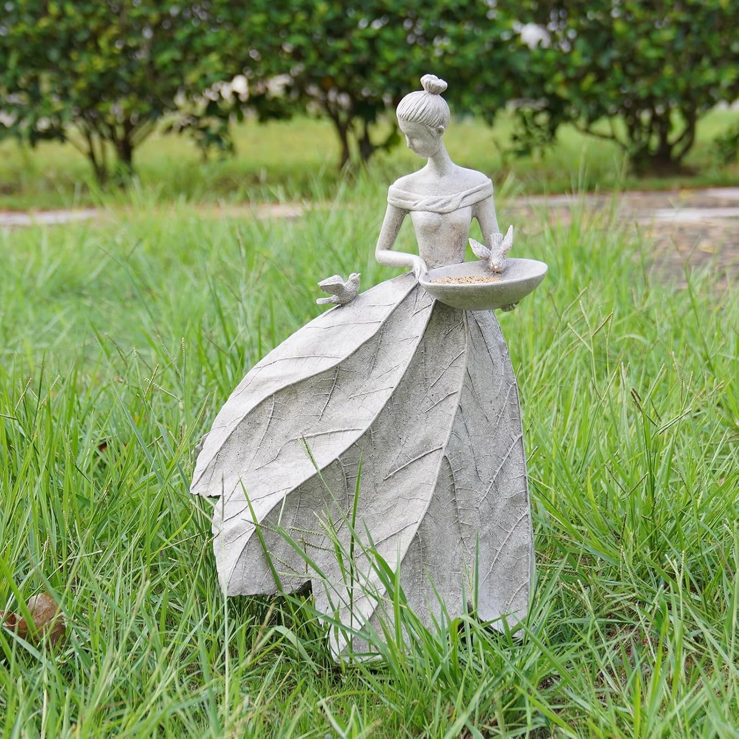 Fairy Garden Statue Bird Feeder - 23-inch Large Sculpture for Outdoors Statues Bird-Bath Yard Decorations Fairy Garden Statue Grey White DiliComing
