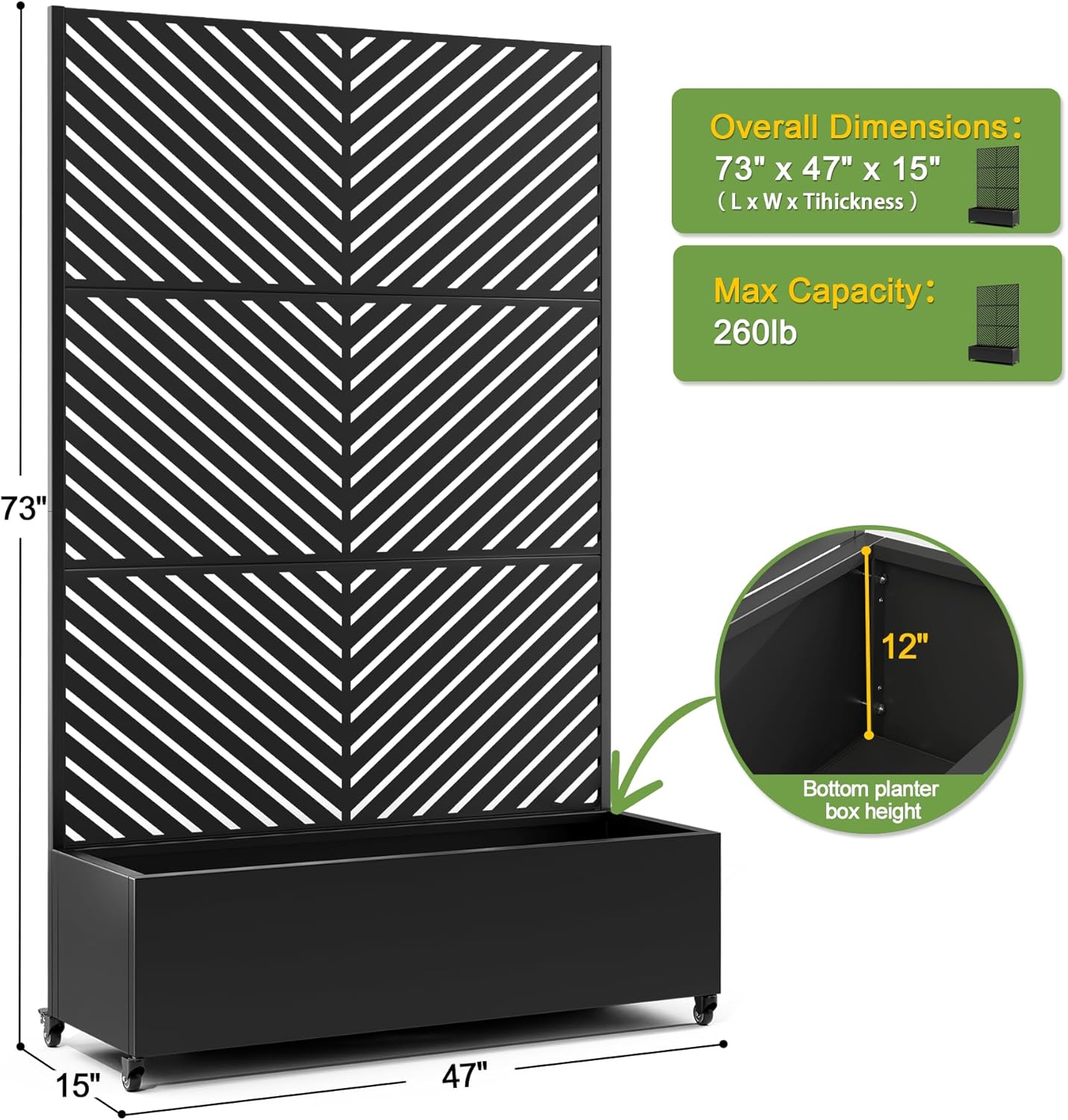 FENCY Metal Raised Garden Bed with Wheels and Trellis,73"x47"x16" Planter Box for Climbing Plants, Vegetables & Vines, Features Privacy Screen and Drainage Holes (Black-Arrow)