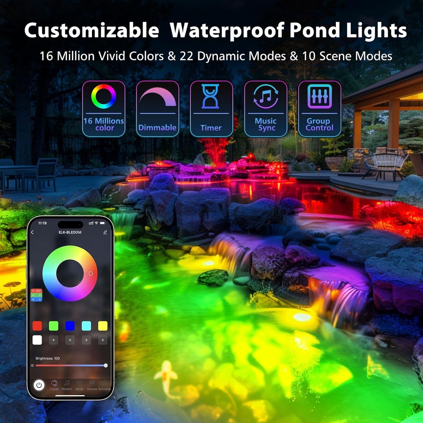 LyLmLe LED Pond Lights with APP Control, 6W SS316 Stainless Steel RGB Underwater Fountain Light with 12V Transformer, IP68 Waterproof Outdoor Underwater Lights for Pond Waterfall, Black Wire(4-Spots)