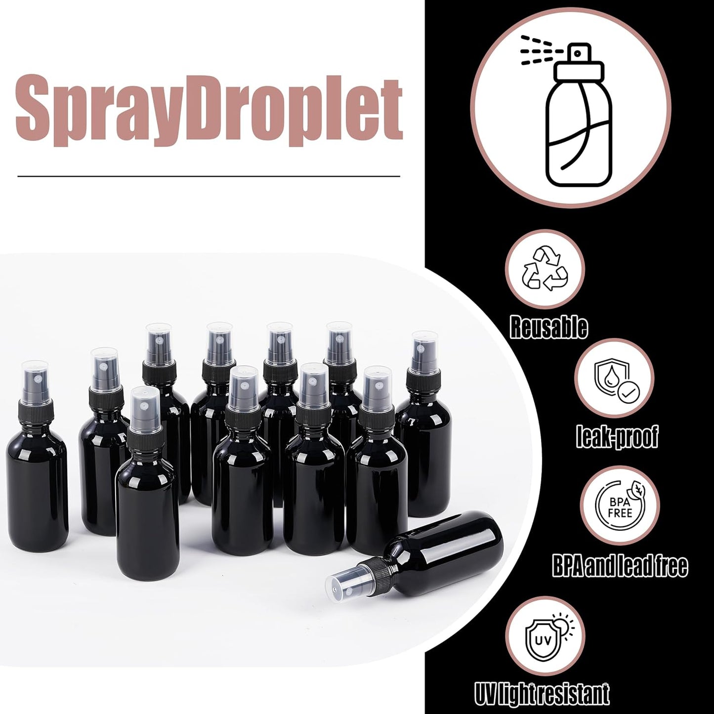 2 oz Glass Spray Bottles, Reusable Fine Mist Sprayer Small Spray Bottle, Leak-Proof Design, Perfect for Travel, Skin Care, Perfumes, Botanical, Cleansing (Black, 2oz-48pcs)