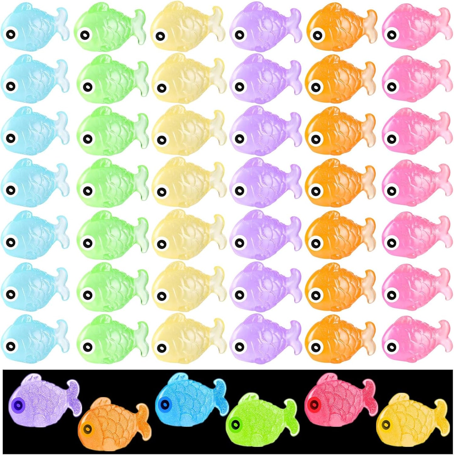 48Pcs Luminous Mini Resin Fish, Miniature Glow in The Dark Fish Ornament for Garden, Landscape, Aquarium, Dollhouse, Birthday Party, Room Crafts Decor