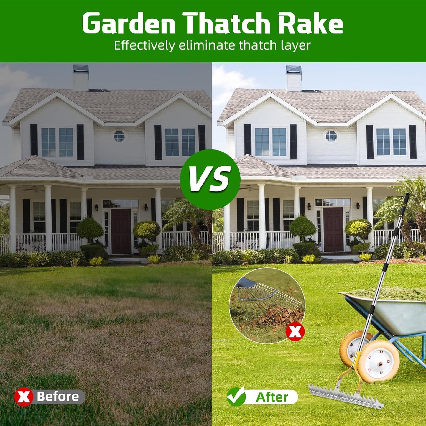 Thatch Rake, 15 Inch Wide Lawn Thatching Rakes for Cleaning Dead Grass, Efficient Metal Steel Lawn Dethatcher with Sponge Handle, Lawn loosening Soil Grass Rake (Silver)