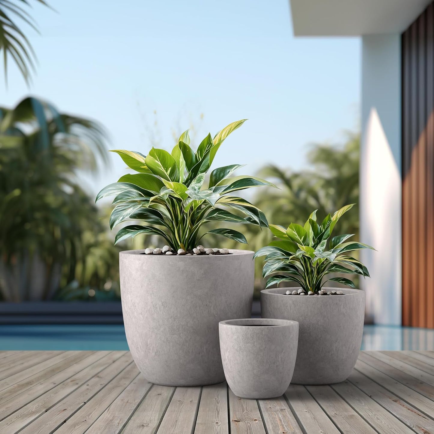 Kante 18",14",10" Dia Concrete Round Planters (Set of 3), Outdoor Indoor Large Planter Pots with Drainage Hole and Rubber Plug for Home Patio Garden, Light Gray