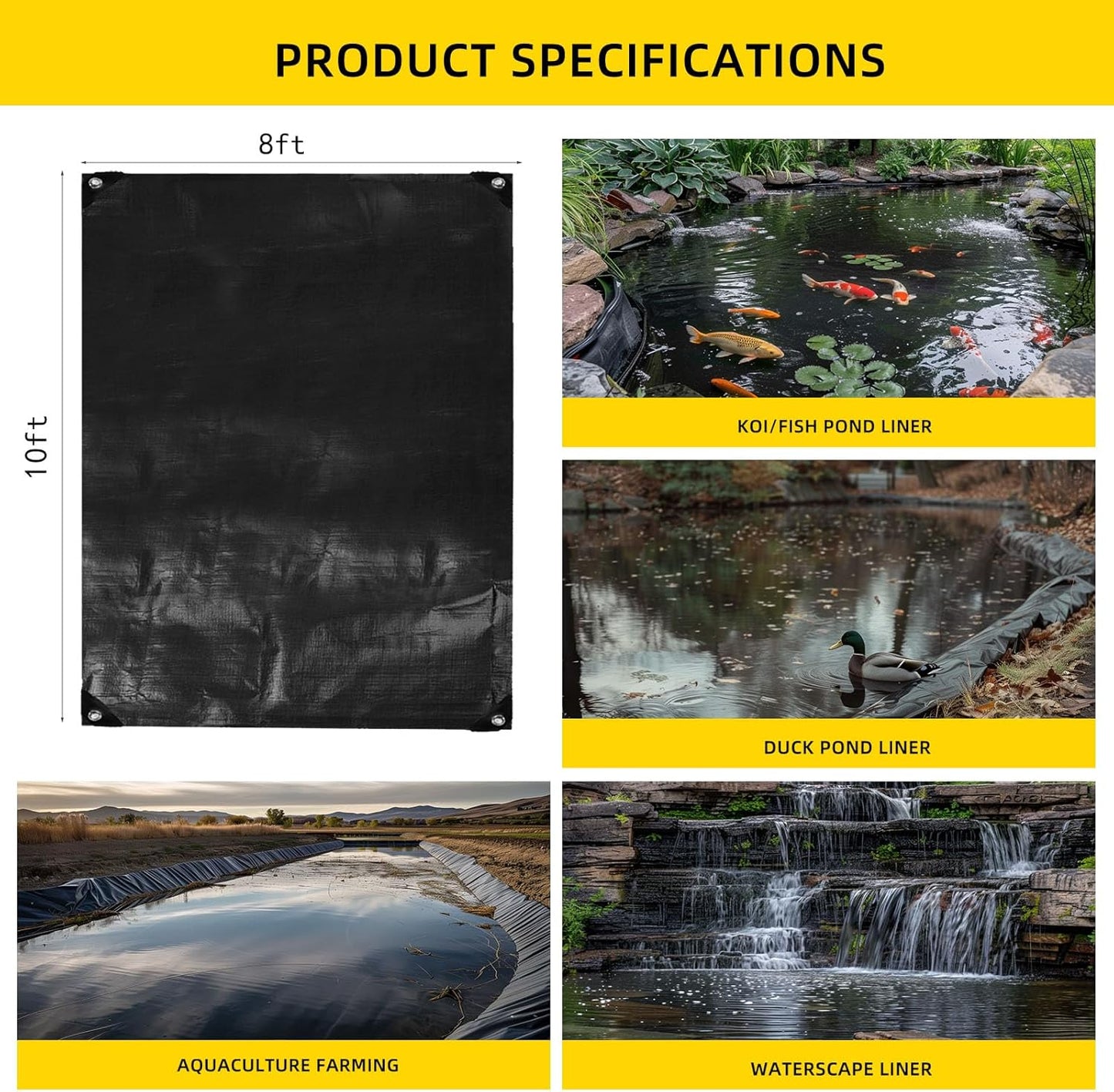 TEZONG Pond Liner,8x10Ft Pond Liners for Outdoor,28Mil PE Black Koi Fish Pond Liner,Reinforced Pond Underlayment for Water Garden,Waterfall,Fountain