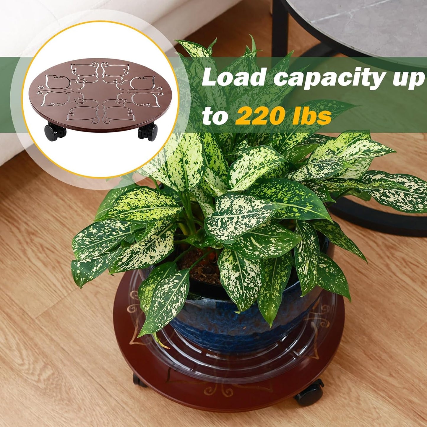4 Packs 12 inches Large Metal Plant Caddy with Wheels Round Planter Dolly Pot Mover Rollers Wrought Iron Rolling Plant Stands Indoor Outdoor Wheeled Plant Holder Coaster Trolley, Butterfly, Brown