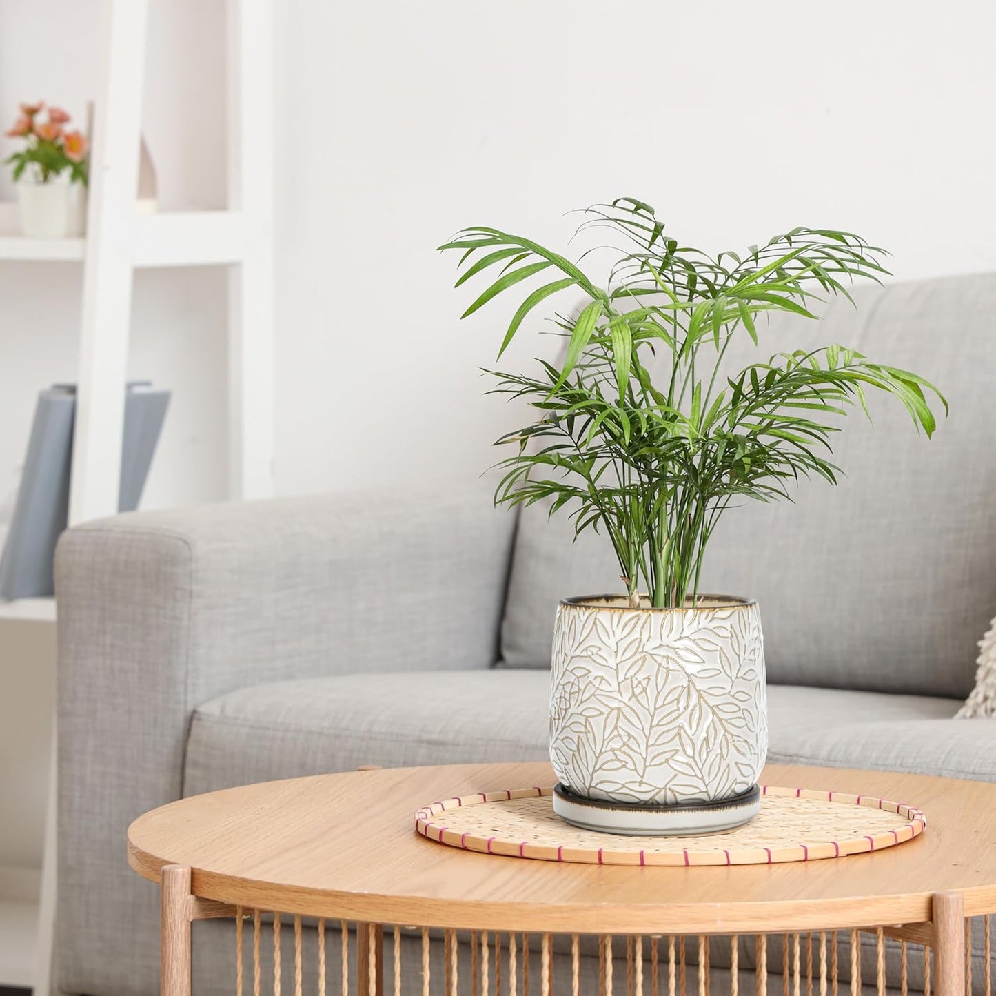 D'vine Dev 6 Inch Embossed Leaves Stoneware Planter Pot with Drainage Hole and Saucer, Smoked White, Set of 2, 27-F-X-1