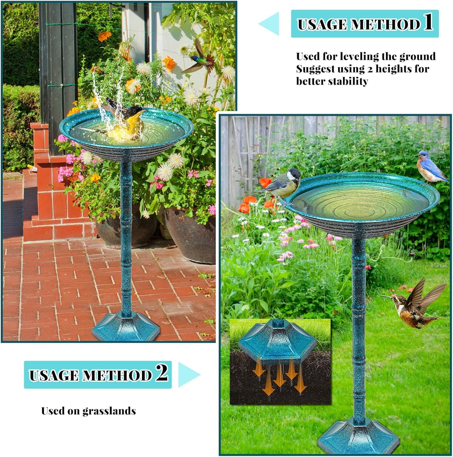 Metal Bird Bath for Outside, Freestanding Garden Metal Birdbaths with Stable Upgrades Stake, Easy to Clean Birdfeeder for Outdoors Garden Yard Lawn Decor(Blue)