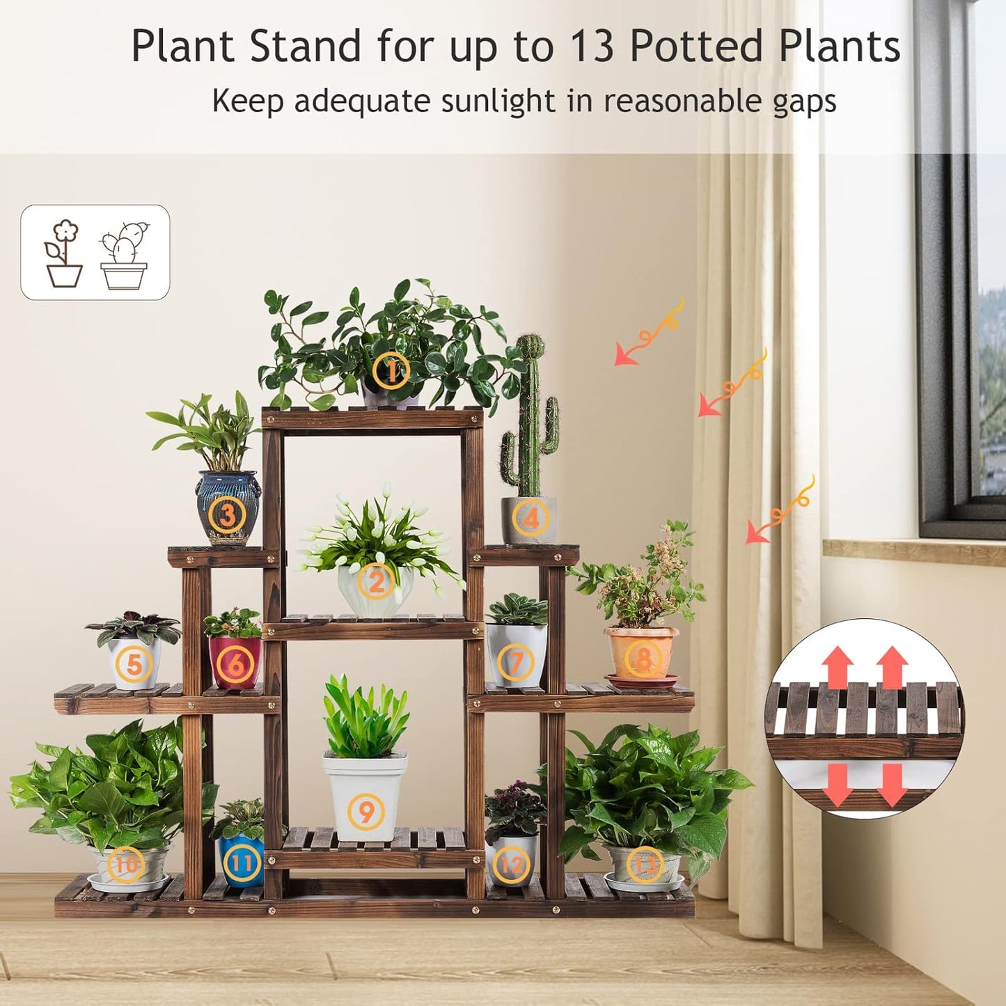 COSTWAY 6-Tier Multifunctional Wood Flower Stand, Shelf Holder for Multiple Plants, Freestanding Plant Rack for Garden, Patio, Balcony, Living Room, Indoor, Outdoor