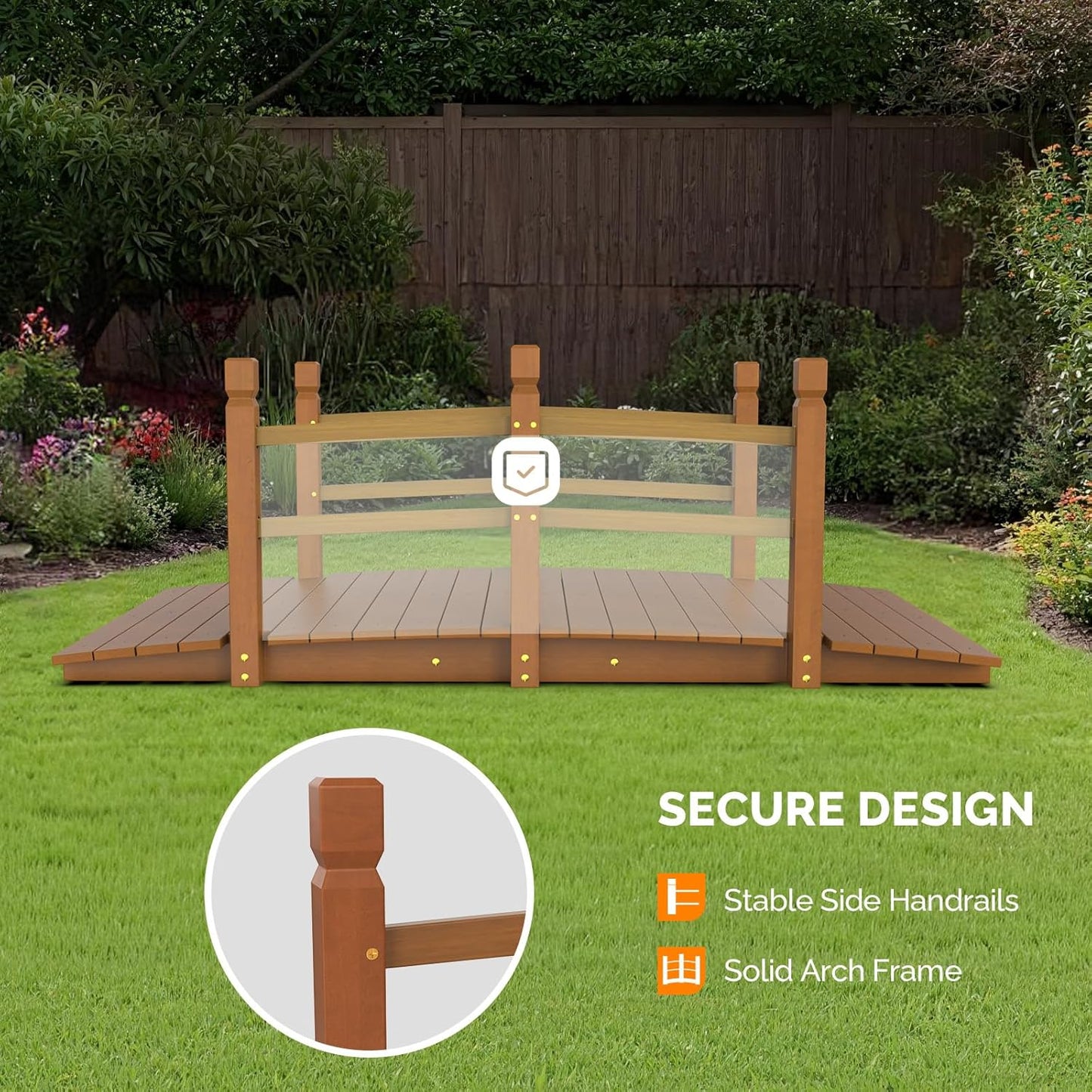 VINGLI Garden Bridge, Classic Wooden Arch with Safety Rails Footbridge (Brown, 5 ft)