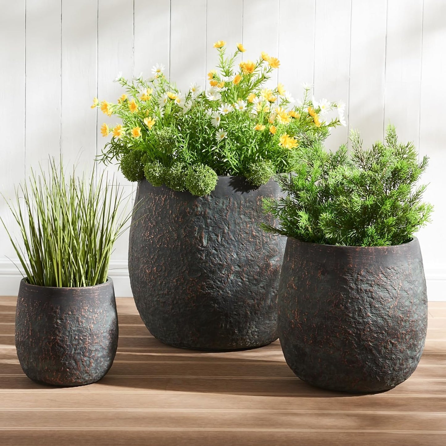 17.3"+12.9"+9.0" Dia Weathered Concrete Flower Pots, Modern Round Style Concrete Planter for Home, Garden, Patio, Courtyard, Bronze Rust Color, Set of 3