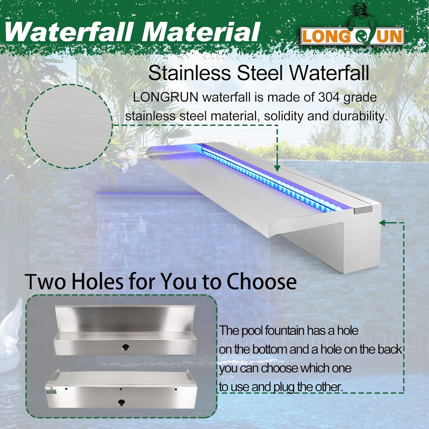 LONGRUN Stainless Steel Waterfall Spillway, APP Control Multi-Color LED Light Outdoor Pool Fountain, Water Spillway Koi Pond Waterfalls Fountains Kit for Garden Patio Swimming Pool Decoration-23.6"