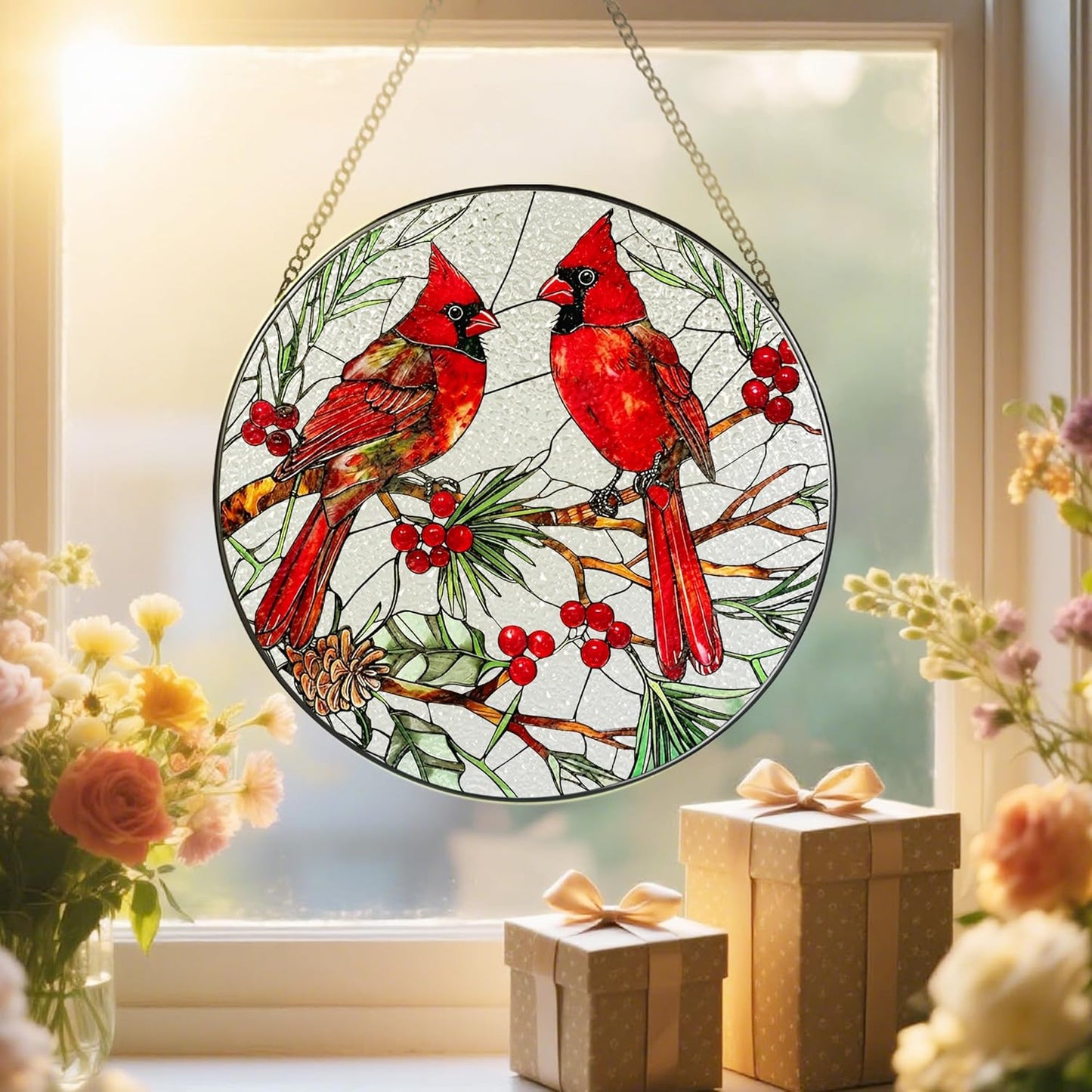 Cardinal Stained Glass Window Hanging, 8 Inch Sun Catchers Indoor Window, Suncatchers for Windows Hanging, Home Decor and Christmas, Festival, Mother's Day, Birthday, Cardinal Gifts for Women, Men
