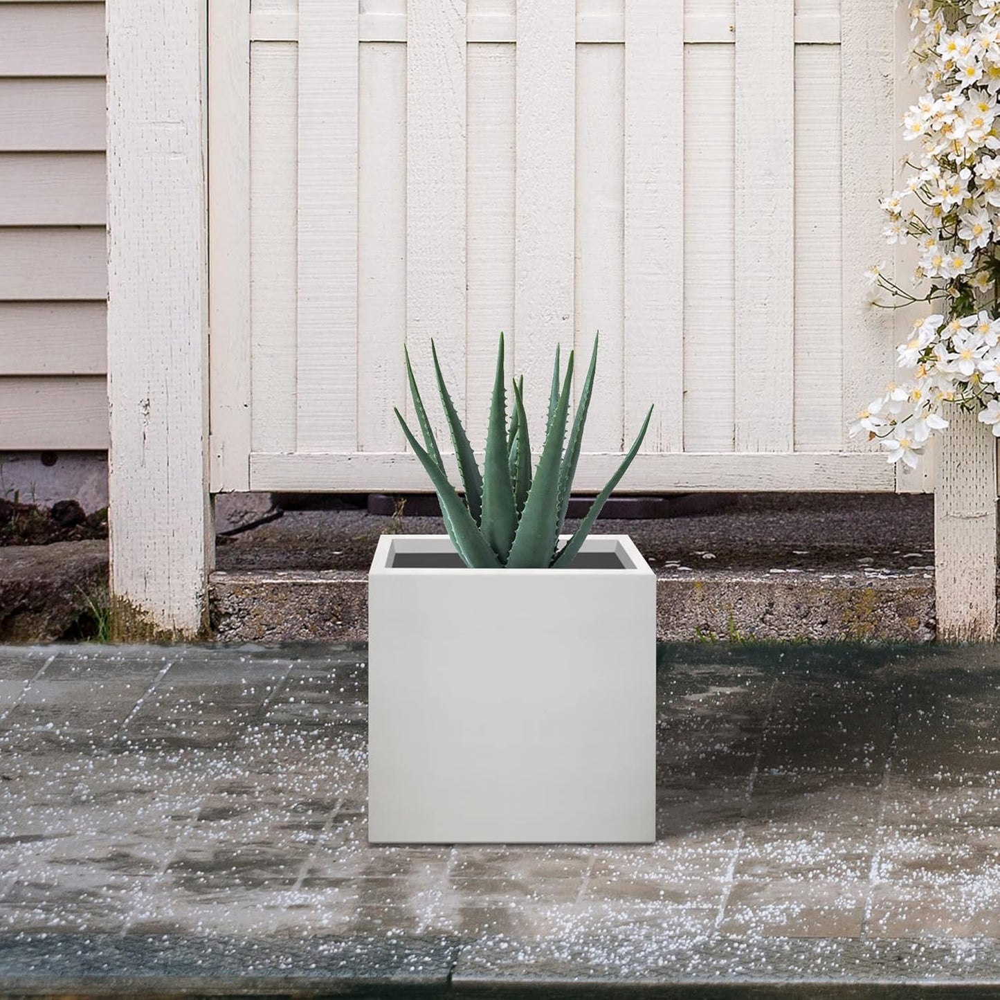 Kante 10 Inch Square Concrete Planter for Outdoor Indoor Home Patio Garden, Large Plant Pot with Drainage Hole and Rubber Plug, Pure White