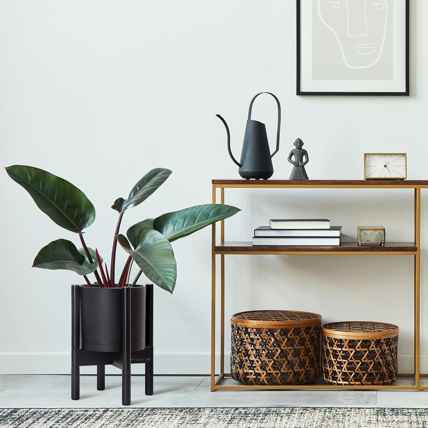 D'vine Dev Planter Pot with Stand - 8 Inch Plastic Cylinder Flower Pot with Wood Planter Holder for Indoor, Matte Black Pot + Ebony Stand, 55-C-K-2