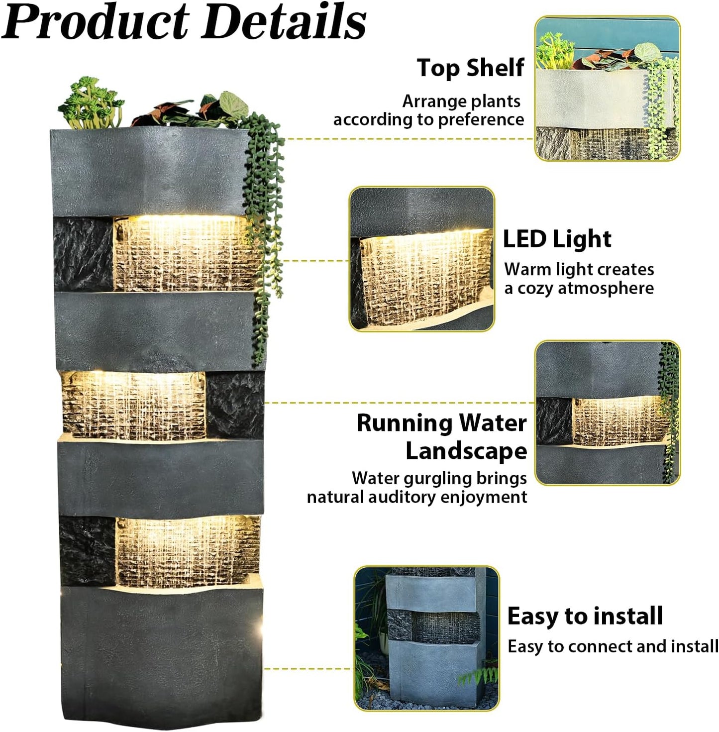 40.5''H Garden Water Fountain Outdoor,4 Tiered Floor Standing Waterfall Outdoor Fountains with LED Lights for Garden, Patio, Backyard, Deck, Porch and Home Art Decor