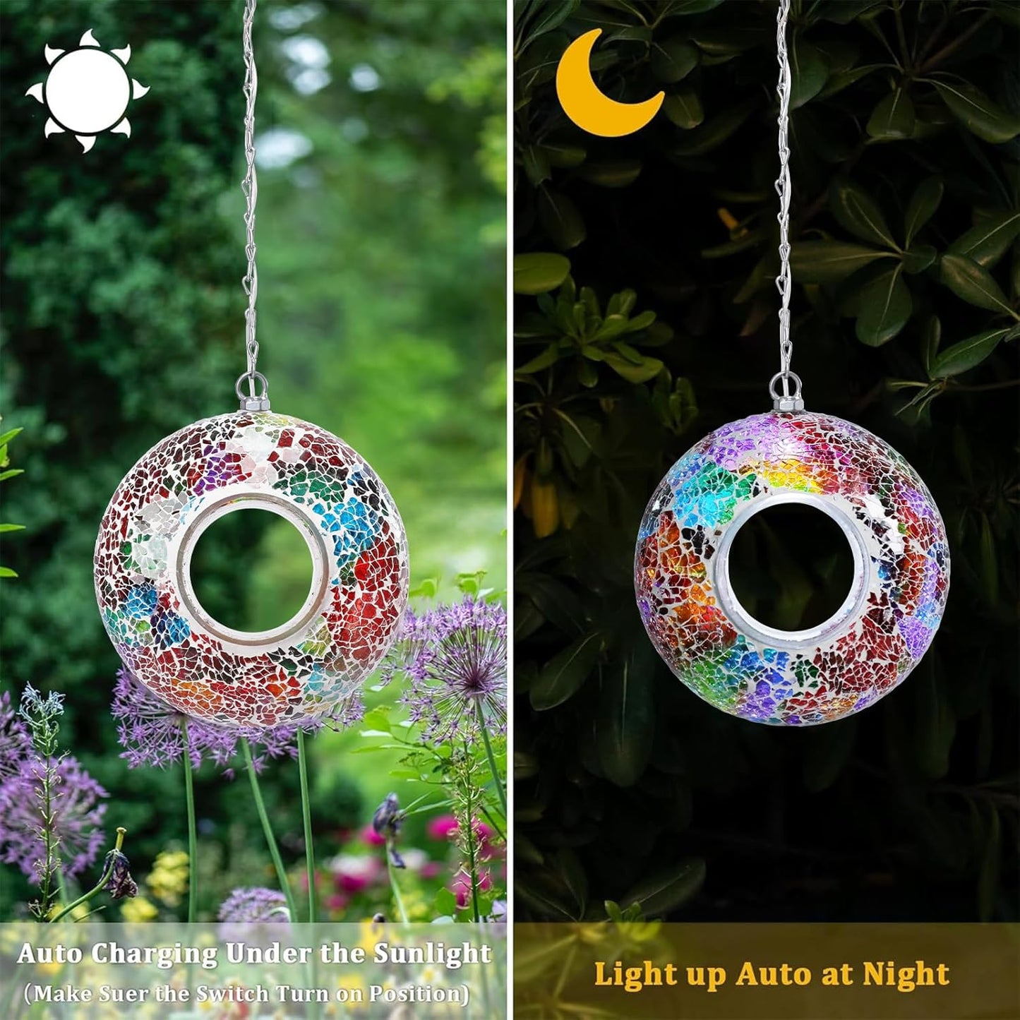 Mosaic Bird Feeders for Outside Hanging with Round Shape Glass Container Fly Through Solar Bird Feeder for Garden Decor (Multicolor)