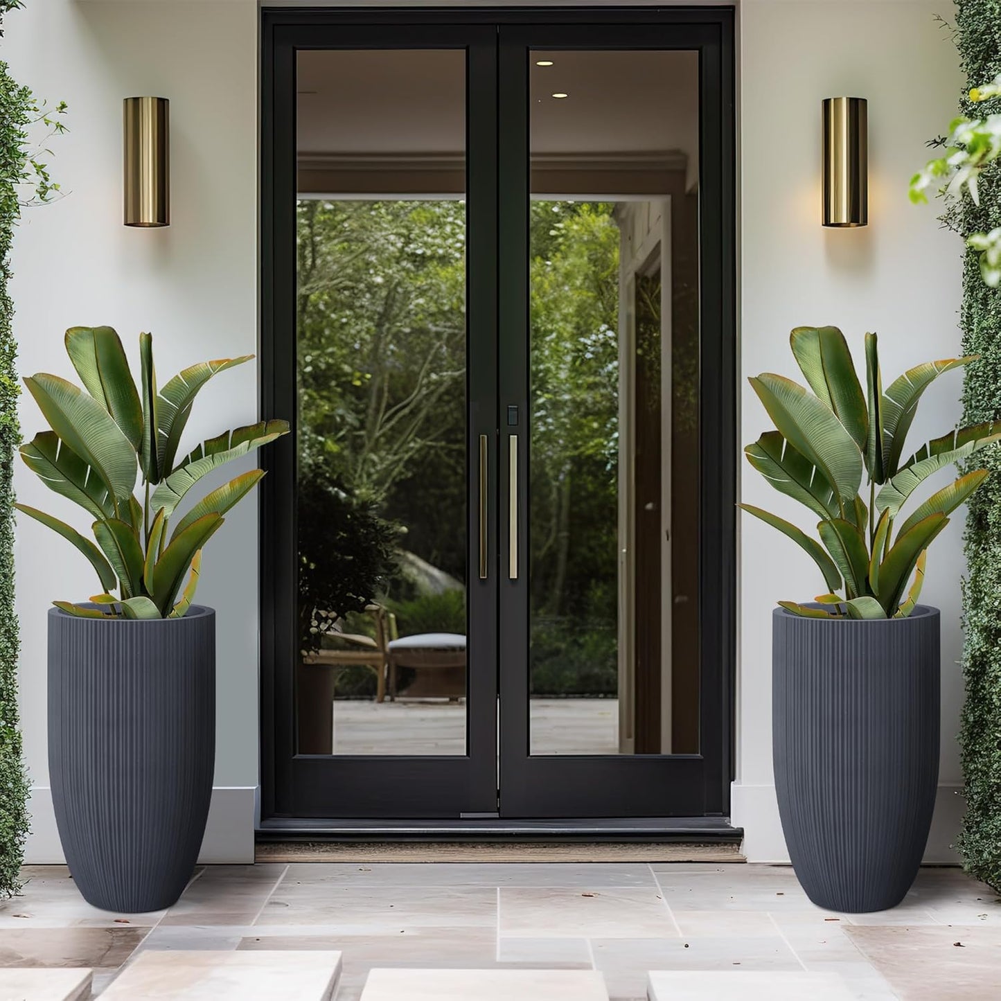 Kante 24 Inch Tall Round Concrete Planter, Large Indoor Outdoor Plant Pots with Drainage Hole and Rubber Plug, Modern Decorative Garden Pots for Home Patio Porch, Textured Charcoal