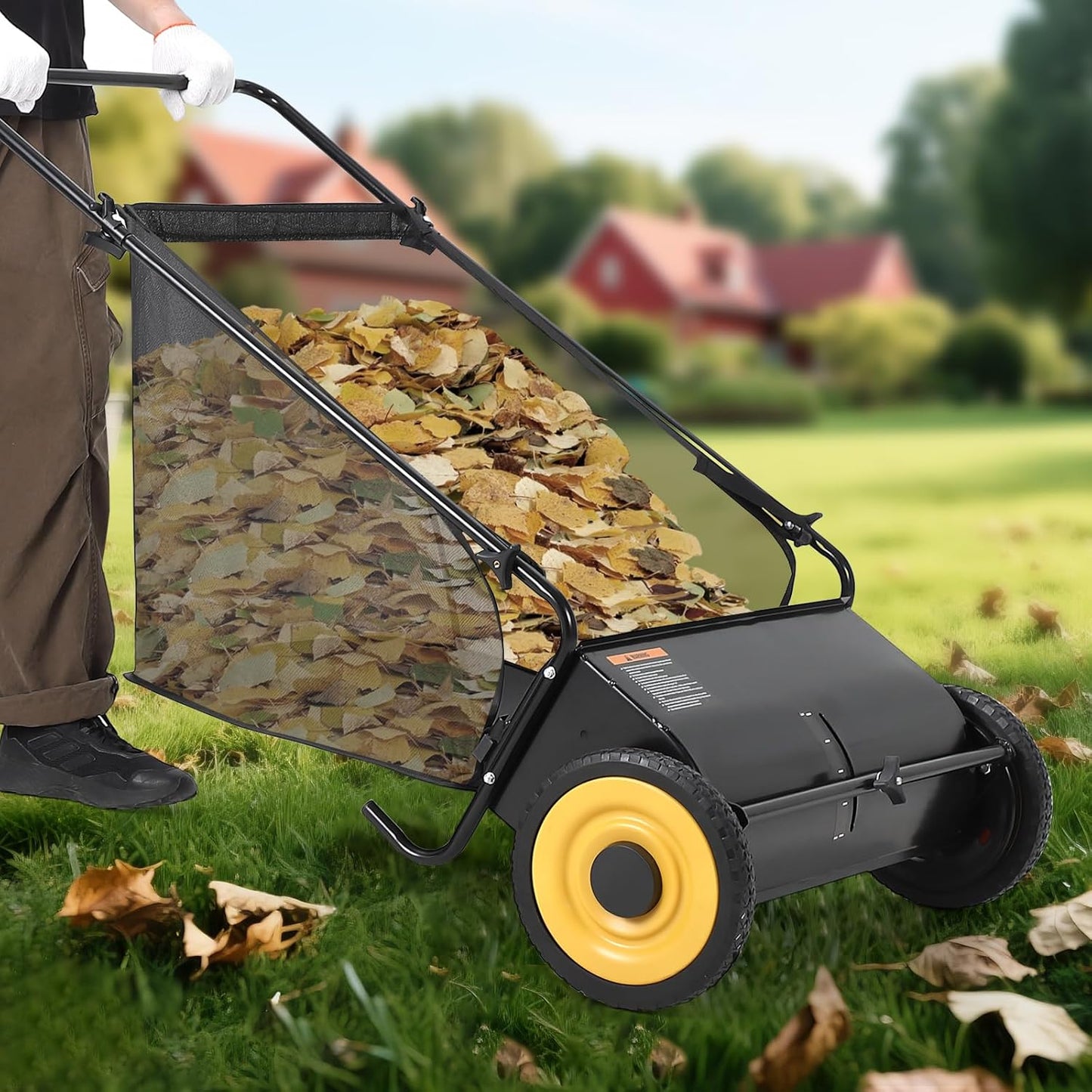 GAOMON 26-Inch Push Lawn Sweeper, Grass, Lawn and Leaf Cleanup Collector with Large 7 cu. ft. Hopper Bag, and Dual Spinning Brushes, Black