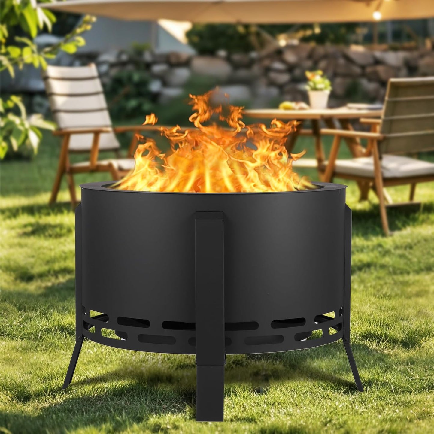 26" Smokeless Fire Pit with Ash Tray Base,Smokeless Outdoor Firepits with Adjustable Foot&Fire Poker,Firepit with Dust Bag,Outdoor Fire Pits for BBQ,Bonfire,Camping