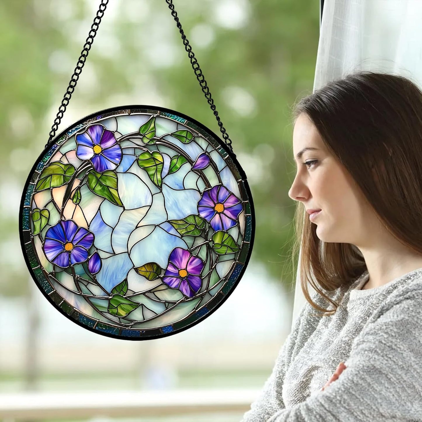 Stained Glass Window Hanging, Purple Morning Glory Flowers Suncatcher for Doors Window Home Plant Sun Catchers Decoration Mother's Day Birthday Gifts for Women, Men, and Mom 15x15 in