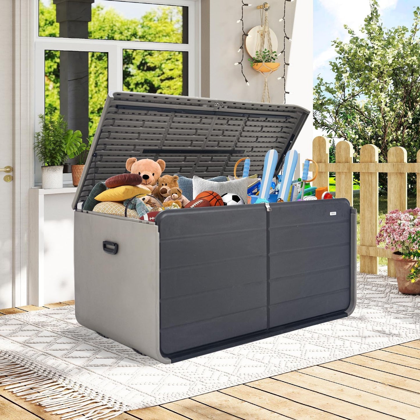 Domi 260 Gallon Outdoor Storage Box – Waterproof, UV-Resistant Deck Box with Lockable Lid for Patio Furniture, Garden Tools, Delivery Packages (Large Resin Storage Bin）