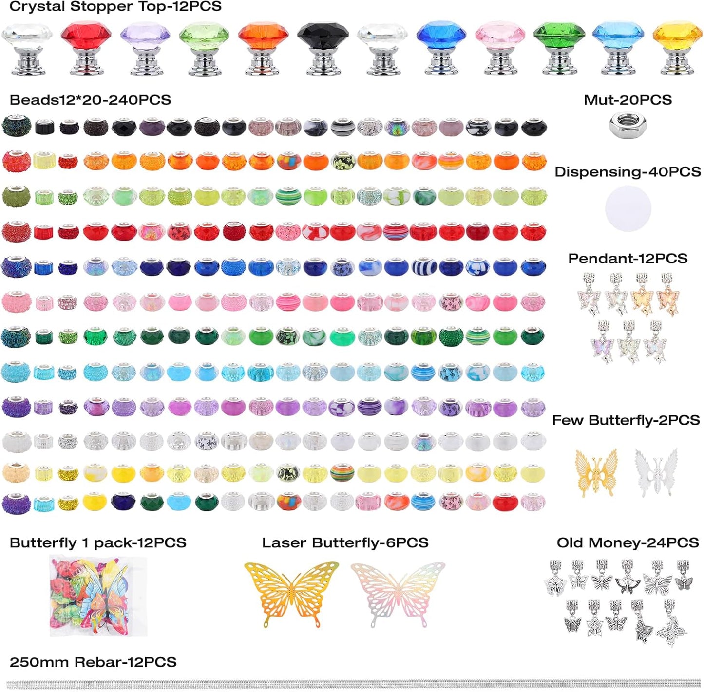 380pcs Beaded Garden Stake, DIY Butterfly Fairy Wand Garden Stake Kit with 10IN Threaded Rod Crystal Stopper Top Large Holes Beads Butterfly Decoration Pendants Outdoor Fairy Garden kit