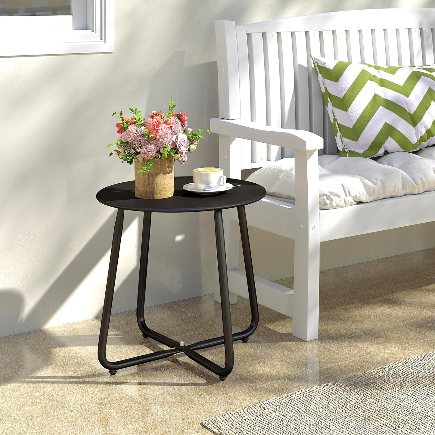 HollyHOME Round Metal Side Table, Rust-Resistant Patio Small Plant Stand, Outdoor 17.32'' Portable End Table for Balconies, Gardens, Living Rooms and Bedrooms, Black