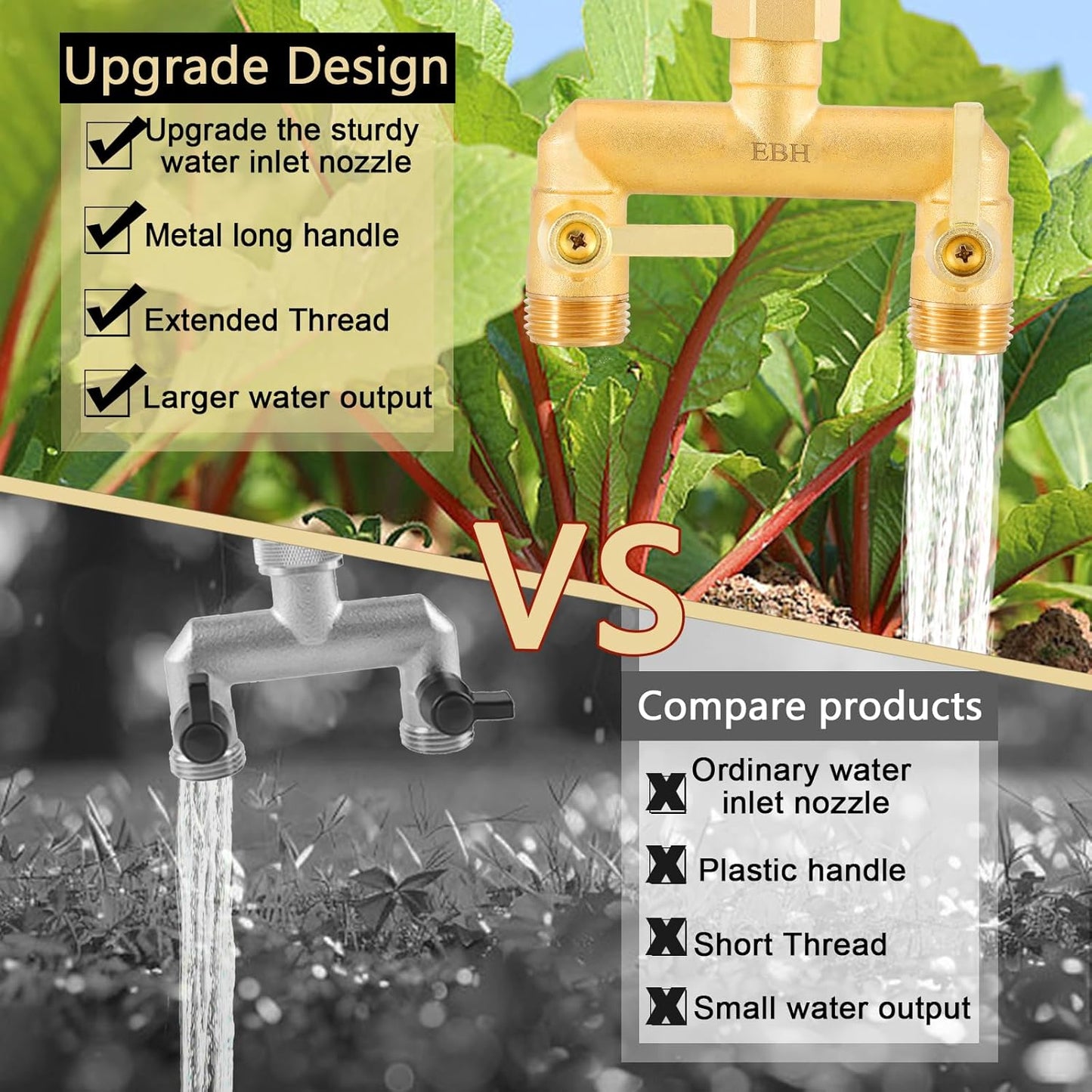 EBH Garden Hose Splitter, Full Flow Outdoor Faucet Splitter, 2-Way High Flow Brass Heavy Duty Hose Splitter with Long Metal Handle。