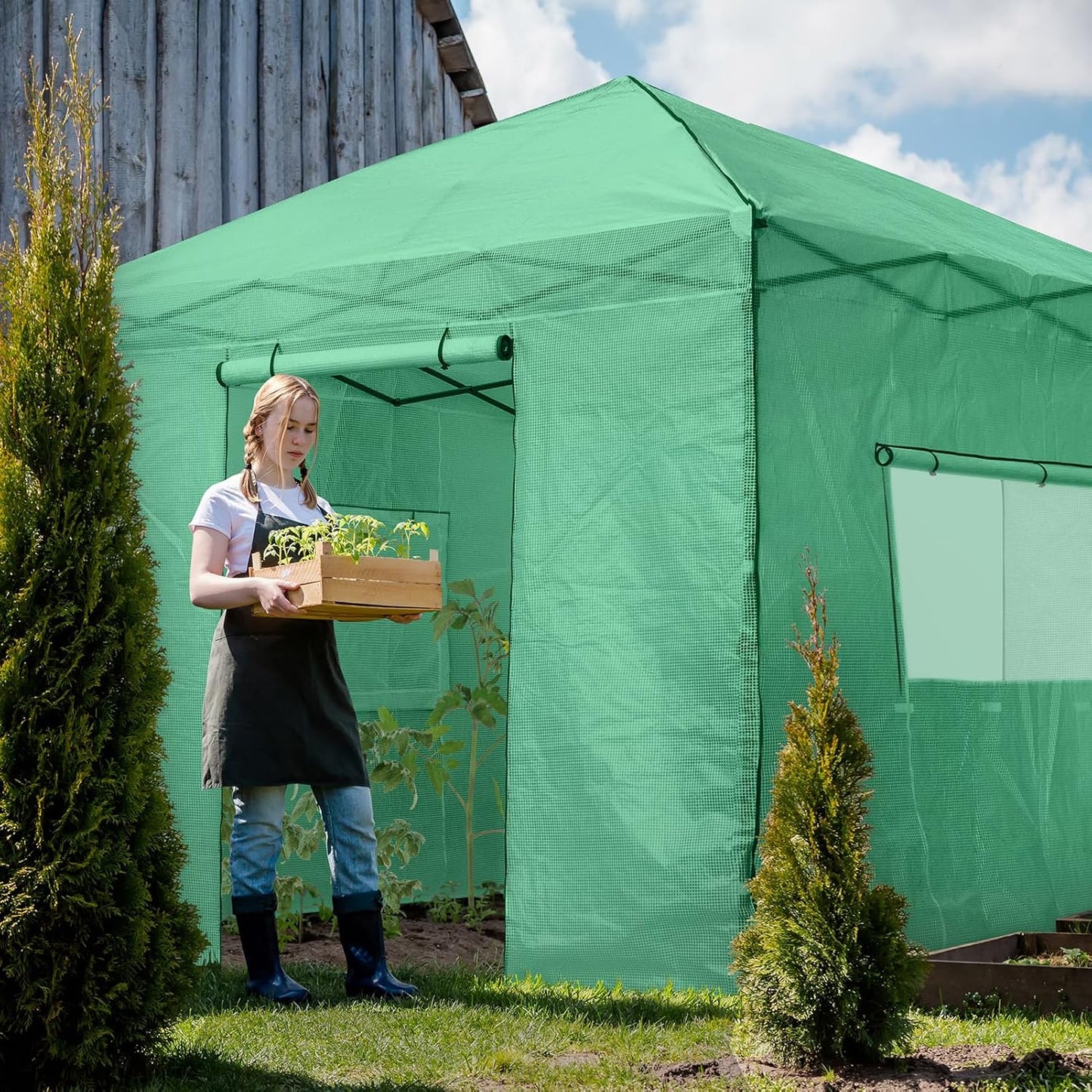 EAGLE PEAK Instant Pop-up Greenhouse, Indoor Outdoor Plant Gardening Green House, Roll-Up Zipper Doors and Side Windows, Walk in 10x10 ft, Green/Clear