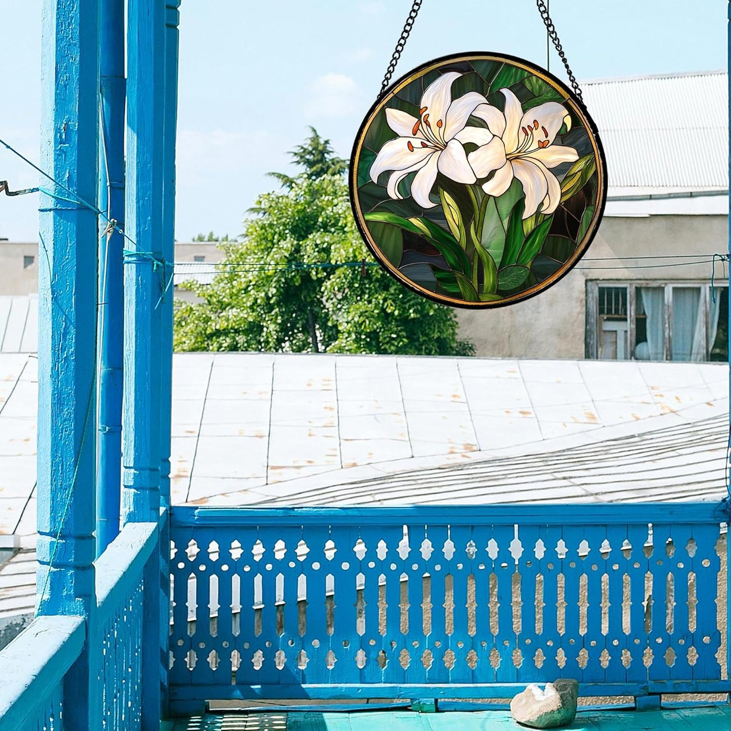 Stained Glass Window Hanging, White Lily Suncatcher for Door Garden Patio Birth Flower Green Plant Sun Catchers Decor Christmas Mother's Day Birthday Gifts for Women Mom Nana Friend 9.8 in